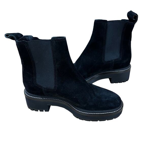 Tory Burch NWOB Chelsea 50mm Lug Suede Black Bootie Size 5M Pull Tab Gold Logo - Picture 6 of 10